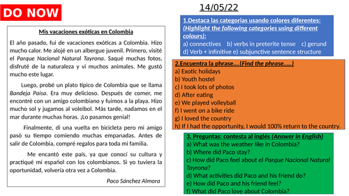 gcse-spanish-mis-vacaciones-ex-ticas-en-colombia-worksheet-ppt-including-answers