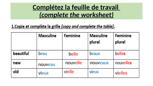 KS3 les adjectifs irréguliers Worksheet with answers | Teaching Resources