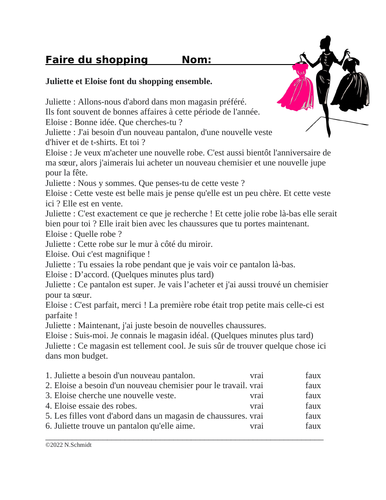 Faire du Shopping Lecture en Français: French Script on Clothes Shopping