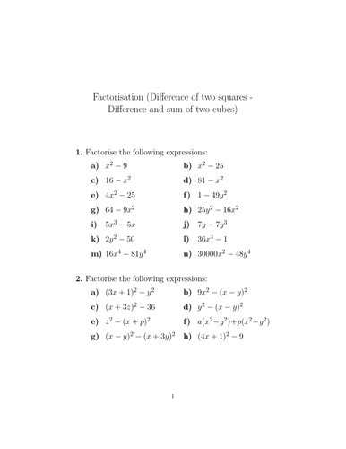 Factorisation (Difference of two squares - Difference and sum of two ...