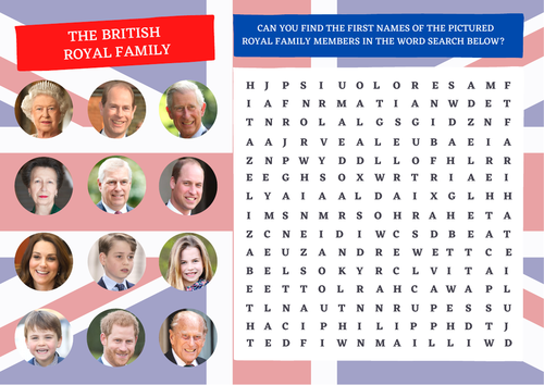 The Royal Family Queen's Jubilee Inspired  Wordsearch Game  Activity Sheet with Answers
