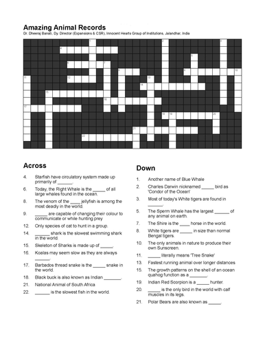 Amazing Animal Records A Crossword Puzzle Teaching Resources