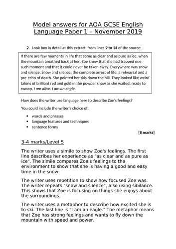 Levels 5,7 and 9 model answers (AQA GCSE English Language Paper 1 ...