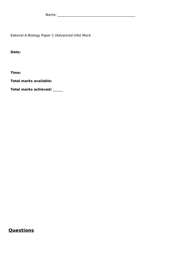 Edexcel A Salters Nuffield A level Biology Paper 1 Mock Exam 2022 ...