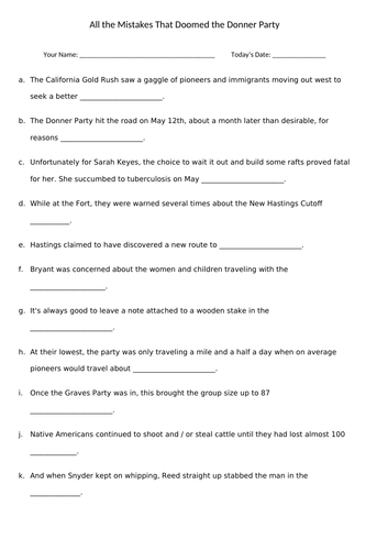 Free Printable Donner Party Worksheets