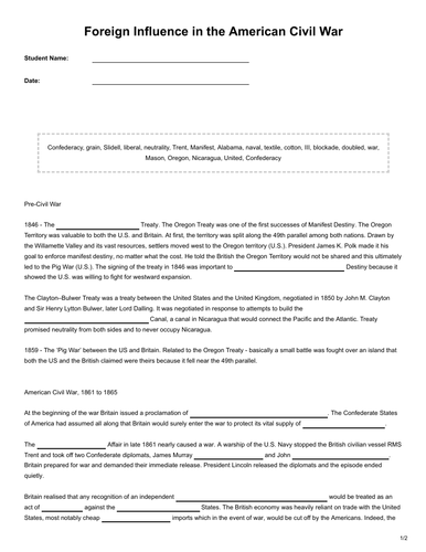 American Civil War Foreign Influence Gap Fill | Teaching Resources