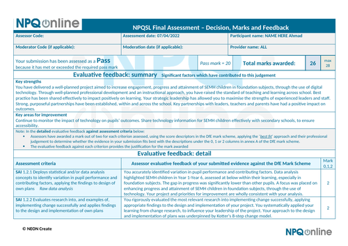 NPQSL Write Up Example inc. Appendix | Teaching Resources