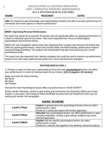 Eduqas Sport & Coaching Principles UNIT 2 Psychological  Resources