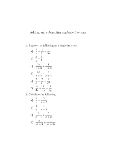 Adding and subtracting algebraic fractions worksheet no 2 (with ...