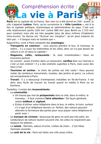 [French A2, B1] La vie à Paris - Life in Paris - Text & questions ...