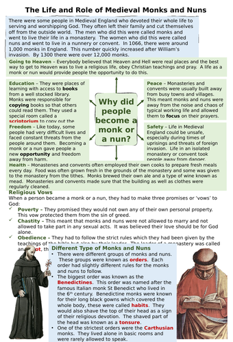 KS3 Medieval History: The role of Monks and Nuns in the Middle Ages ...