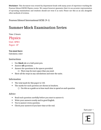 Pearson Edexcel International GCSE In Physics (4PH1) Paper 1P and