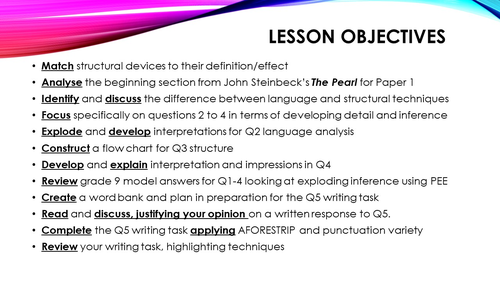 AQA GCSE English Language Paper 1 The Pearl John Steinbeck Q1-5 Grade 9 ...