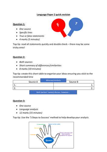 AQA Language Paper 2 quick revision sheet | Teaching Resources