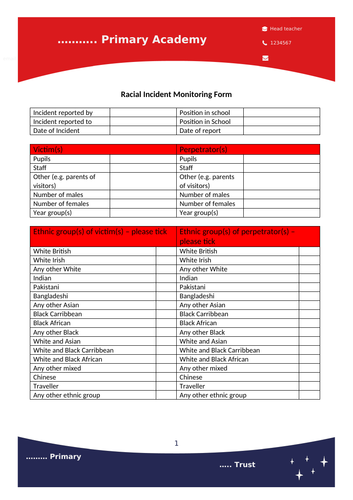 racial incident record form | Teaching Resources