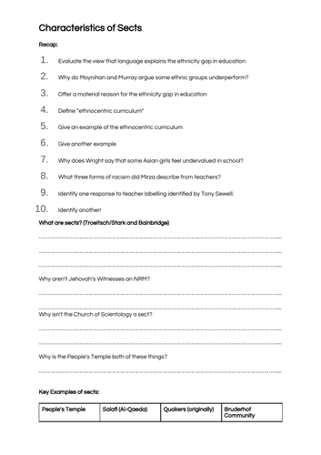 Sociology A-Level: Characteristics of Sects | Teaching Resources