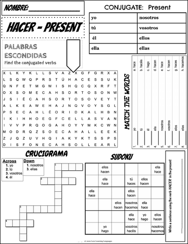 Spanish Verb HACER Worksheet Present Tense 6 Activities One Page 