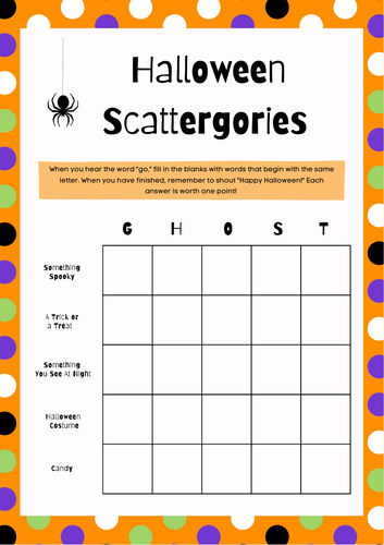 Halloween Scattergories Fun Game Activity / Worksheet