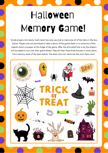 Halloween Team Building Memory Fun Game. Lesson Starter / Filler