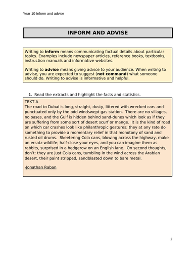 Ks4 English worksheet - Inform & advice | Teaching Resources