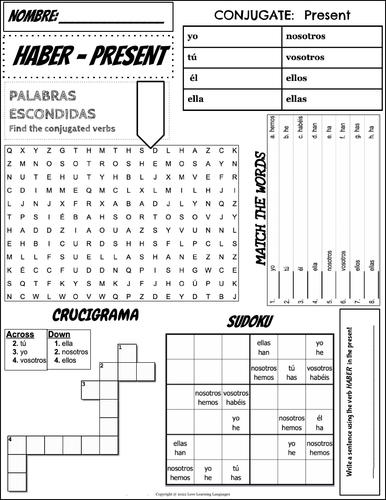Spanish Verb HABER Worksheet - Present Tense - 6 Activities - One Page ...