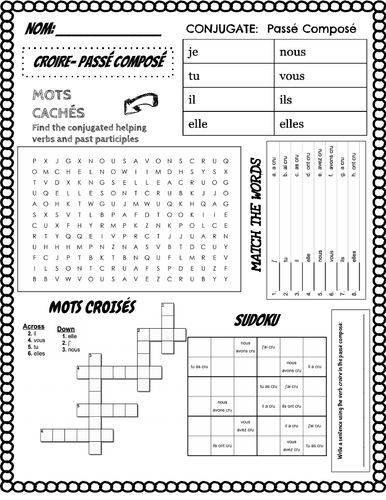 french-verb-croire-worksheet-pass-compos-6-activities-one-page