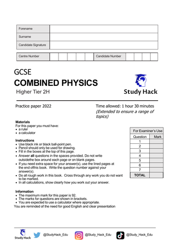 Aqa Combined Science Gcse Physics 2022 Practice Paper 2h Teaching 2288