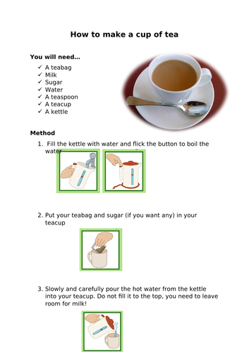 How to make a cup of tea set of instructions | Teaching Resources