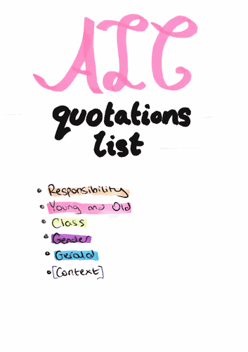 GCSE An Inspector Calls Condensed Quotes List (AQA) | Teaching Resources