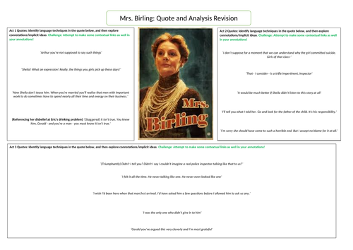 Mrs. Birling Revision Worksheet | Teaching Resources