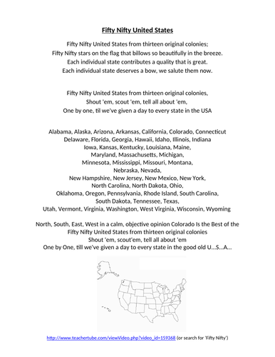 Fifty Nifty United States Song LYRICS WITH VIDEO LINK Teaching Resources