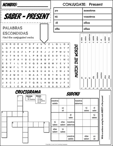 Spanish Verb SABER Worksheet Present 6 Activities One Page 