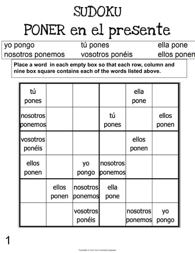 spanish-verb-poner-present-tense-sudoku-el-verbo-poner-en-presente