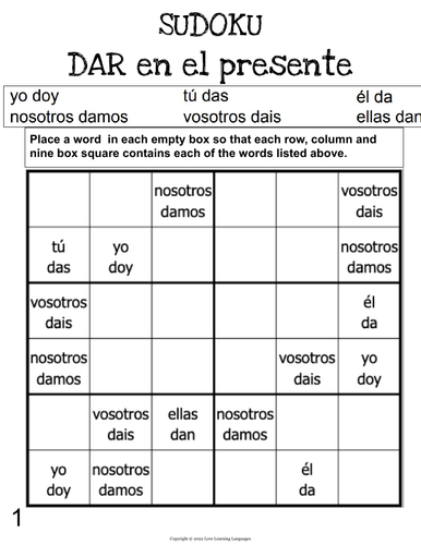 SPANISH Verb DAR Present Tense Sudoku - El verbo DAR en presente ...