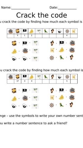 Number bonds to 20 code cracker (Pirate theme) | Teaching Resources