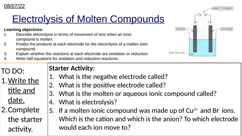 GCSE Chemistry Electrolysis of Molten Compounds Including Half-Equations: Complete Lesson