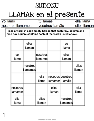 SPANISH Verb LLAMAR Present Tense Sudoku El Verbo LLAMAR En Presente 