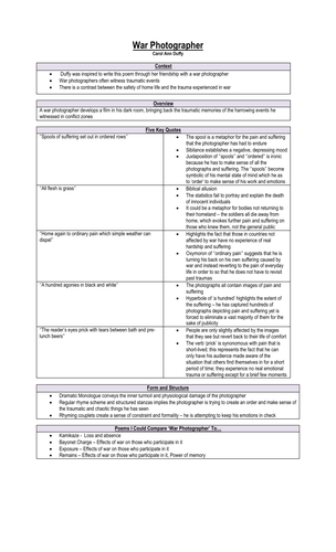 War Photographer - Summary Sheet