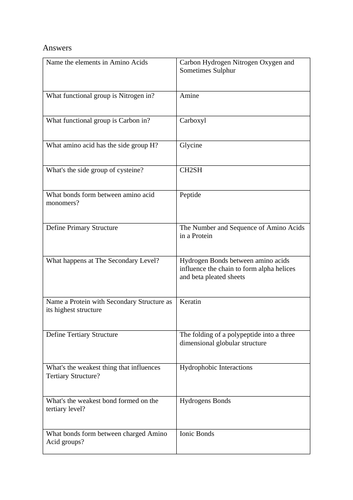 A Level Biology - Proteins Test