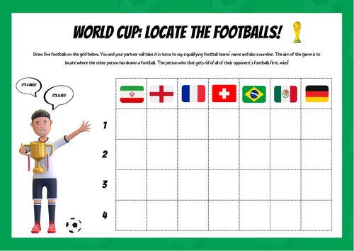 Football World Cup 'Battleships' Game Sheet 2022. Locate the Footballs. Fun Teambuilding Game.
