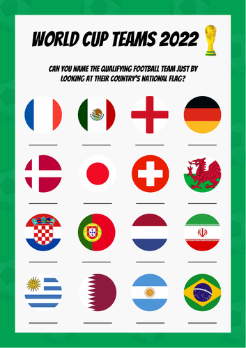 World Cup Football Qualifying Team Flag Quiz 2022 . Game Sheet and Answers - Lesson Filler