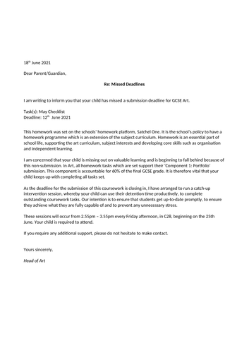 GCSE & A level Art - Missed deadline letter for parents re ...