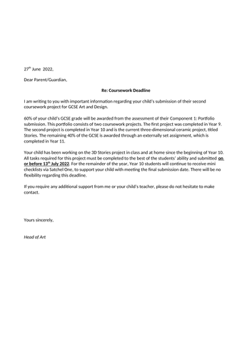 GCSE coursework deadline letter for parents | Teaching Resources