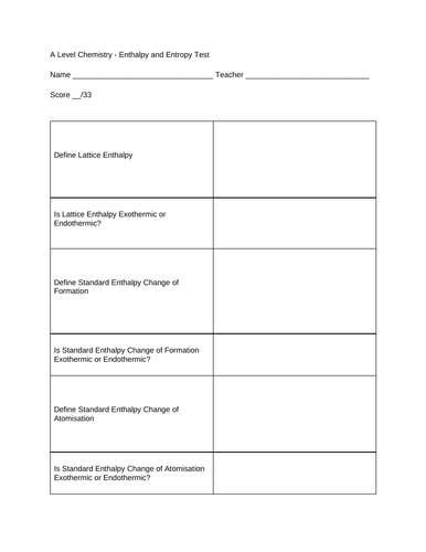 A Level Chemistry - Enthalpy and Entropy Test