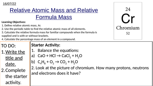 GCSE Chemistry Ar, Mr and Calculating Percentage by Mass of Elements in Compounds: Complete Lesson