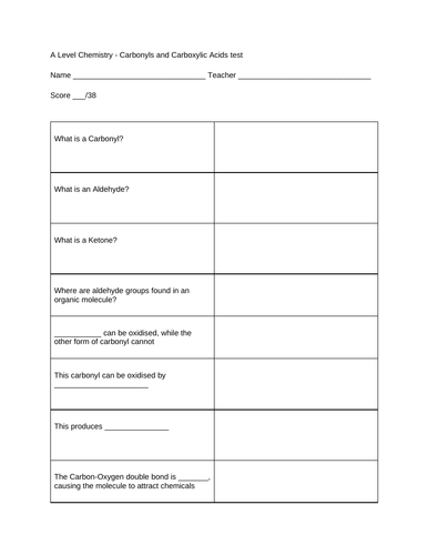 A Level Chemistry - Carbonyls and Carboxylic Acids test