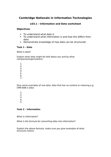 J836 - Cambridge National in IT - TA 3.1 - Data and Information