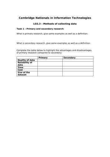 J836 - Cambridge National in IT - TA 3.3 - Data Collection Methods