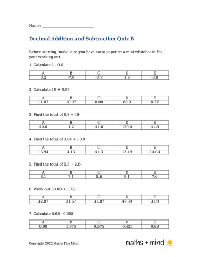 Quiz on Adding and Subtracting Decimals | Teaching Resources