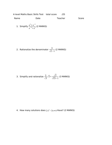 A Level Maths Basic Skills Test